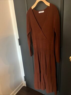 Aritzia Brown Ribbed Wrap-Style Long Sleeve Midi Dress